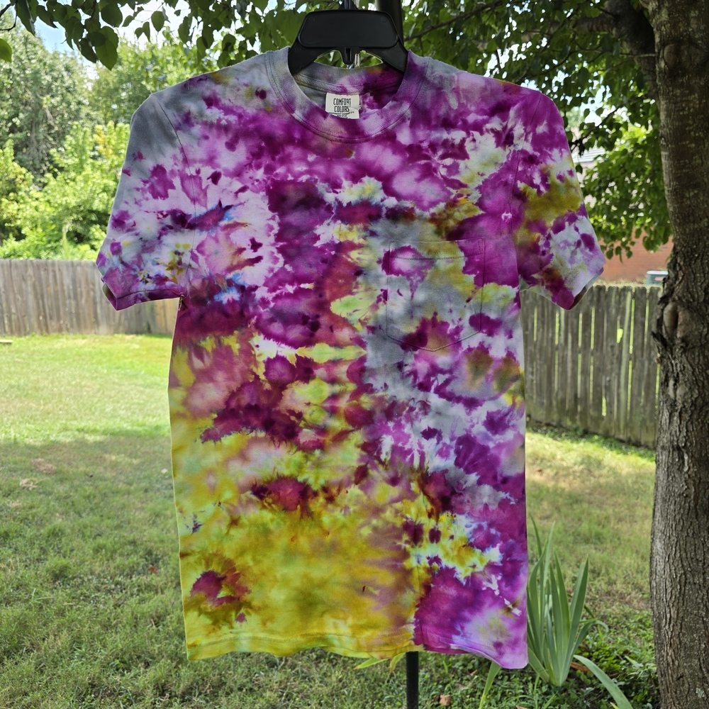 Small Comfort Colors Pink and Lime Green Tie-Dye Tee With Front Pocket